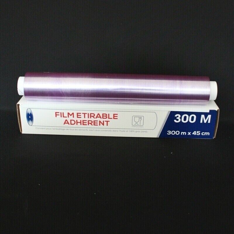 FILM ÉTIRABLE 300 Mètres  ALIMENTAIRE  , BOITE DISTRIBUTRICE LAME de coupe  COUVRE PLAT  (largeur au choix )