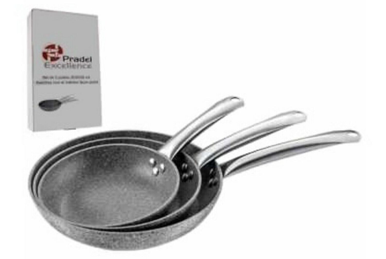 LOT DE 3 POELES GRANIT 20  24 28 cm MANCHES INOX PRADEL - EXCELLENCE