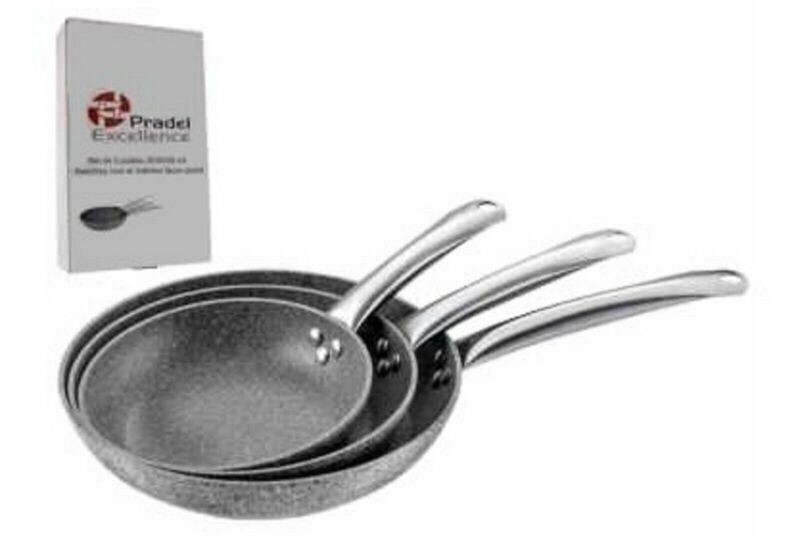 LOT DE 3 POELES GRANIT 20  24 28 cm MANCHES INOX PRADEL - EXCELLENCE