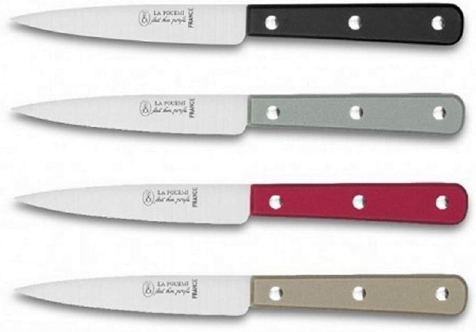 Couteau  d office la fourmi  COULEUR  NOIR /TAUPE /GRIS /ROUGE  LAME  INOX 1/2 SOIE 10 CM REF 50060  LOT DE 4