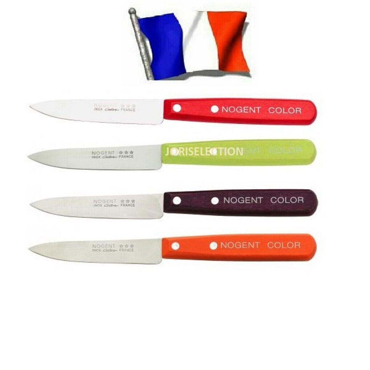 LOT DE 4 COUTEAUX OFFICE INOX 9 CM , MANCHE BOIS COULEUR *** NOGENT -