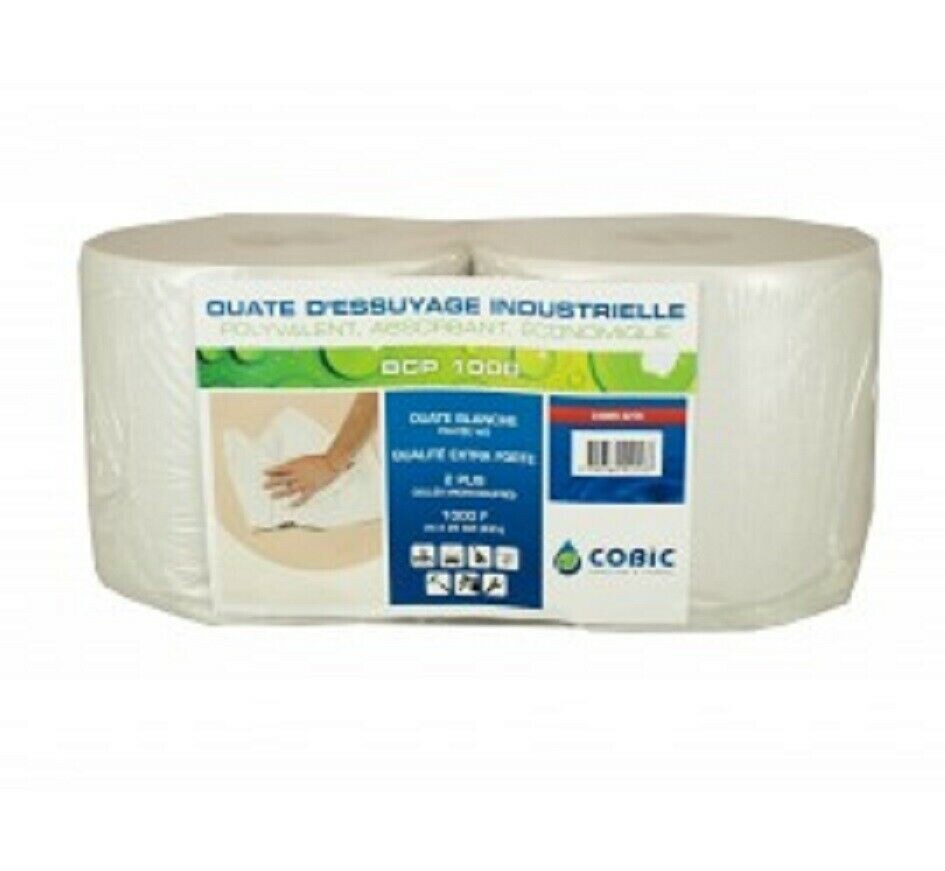 Bobine d'essuyage blanche 1000 FEUILLES par rouleau  - lot de 2