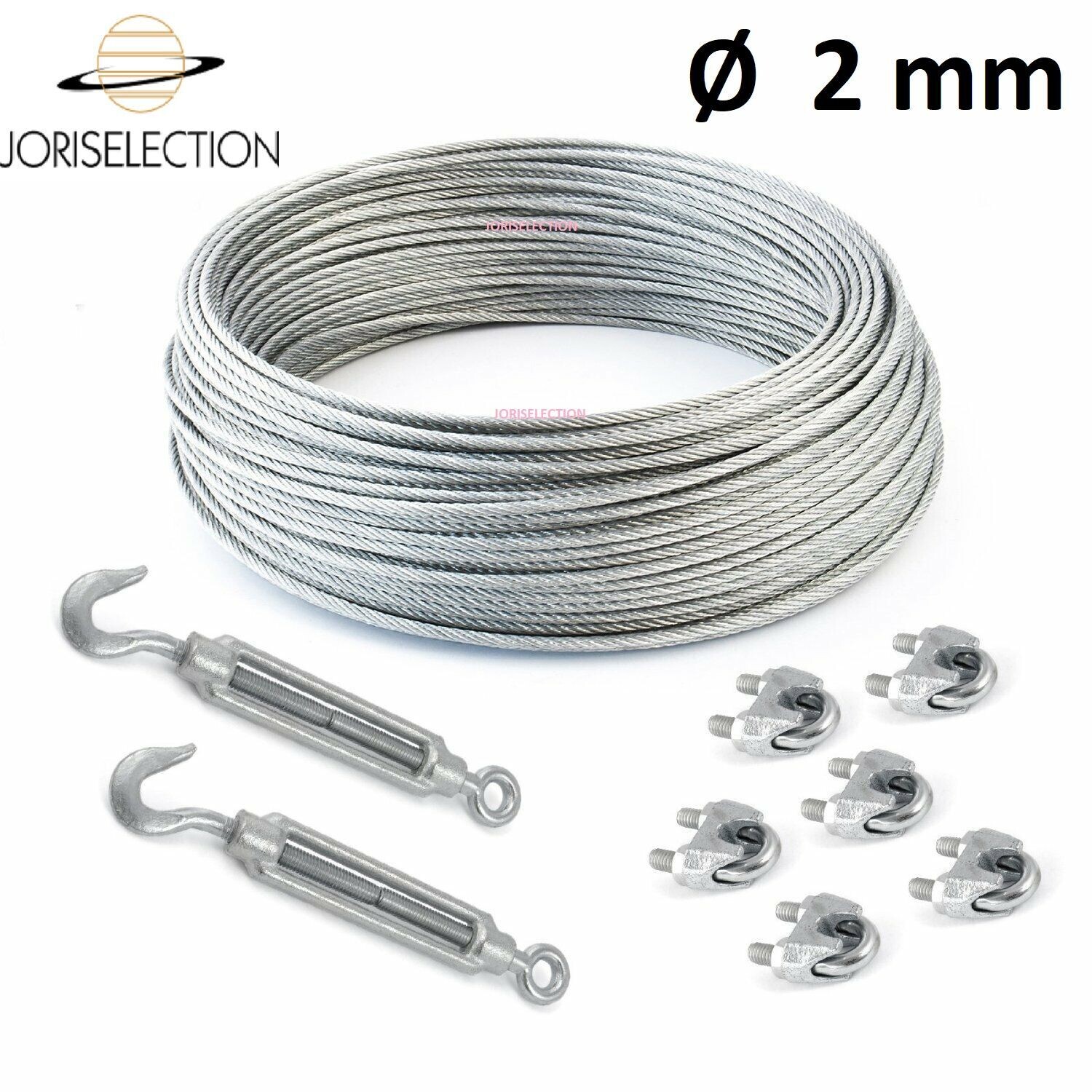 SET Câble acier galvanisé 6x7 Ø  2 mm + 6 serre-câbles étrie et 2 tendeurs a cage crochet-oeil