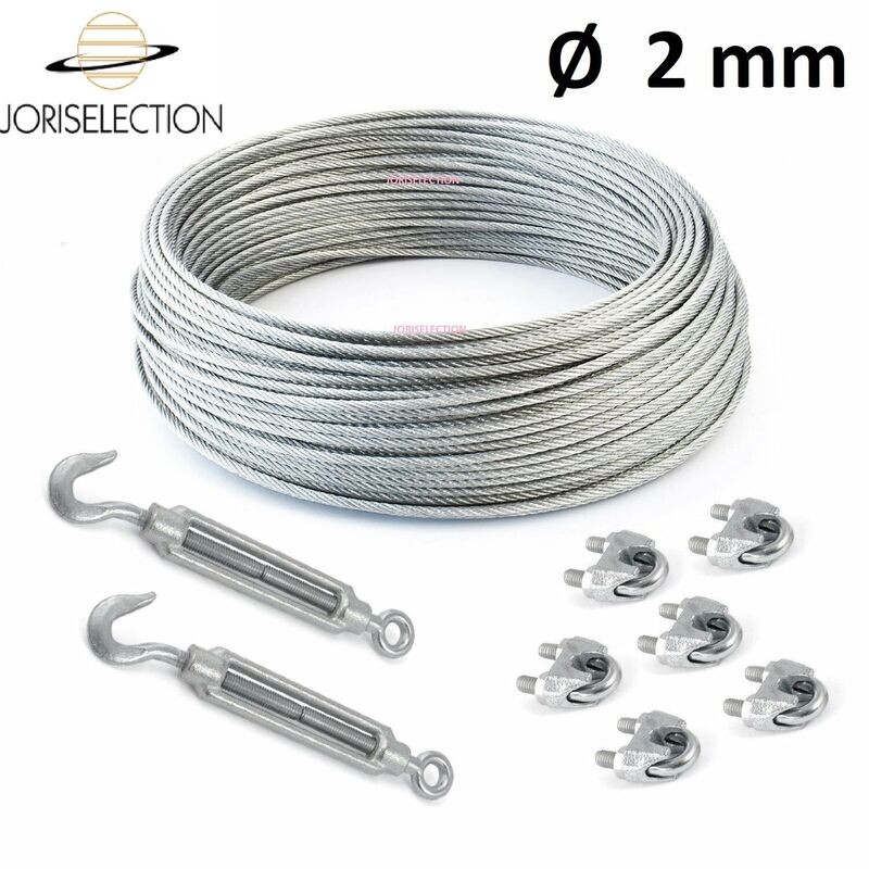SET Câble acier galvanisé 6x7 Ø  2 mm + 6 serre-câbles étrie et 2 tendeurs a cage crochet-oeil