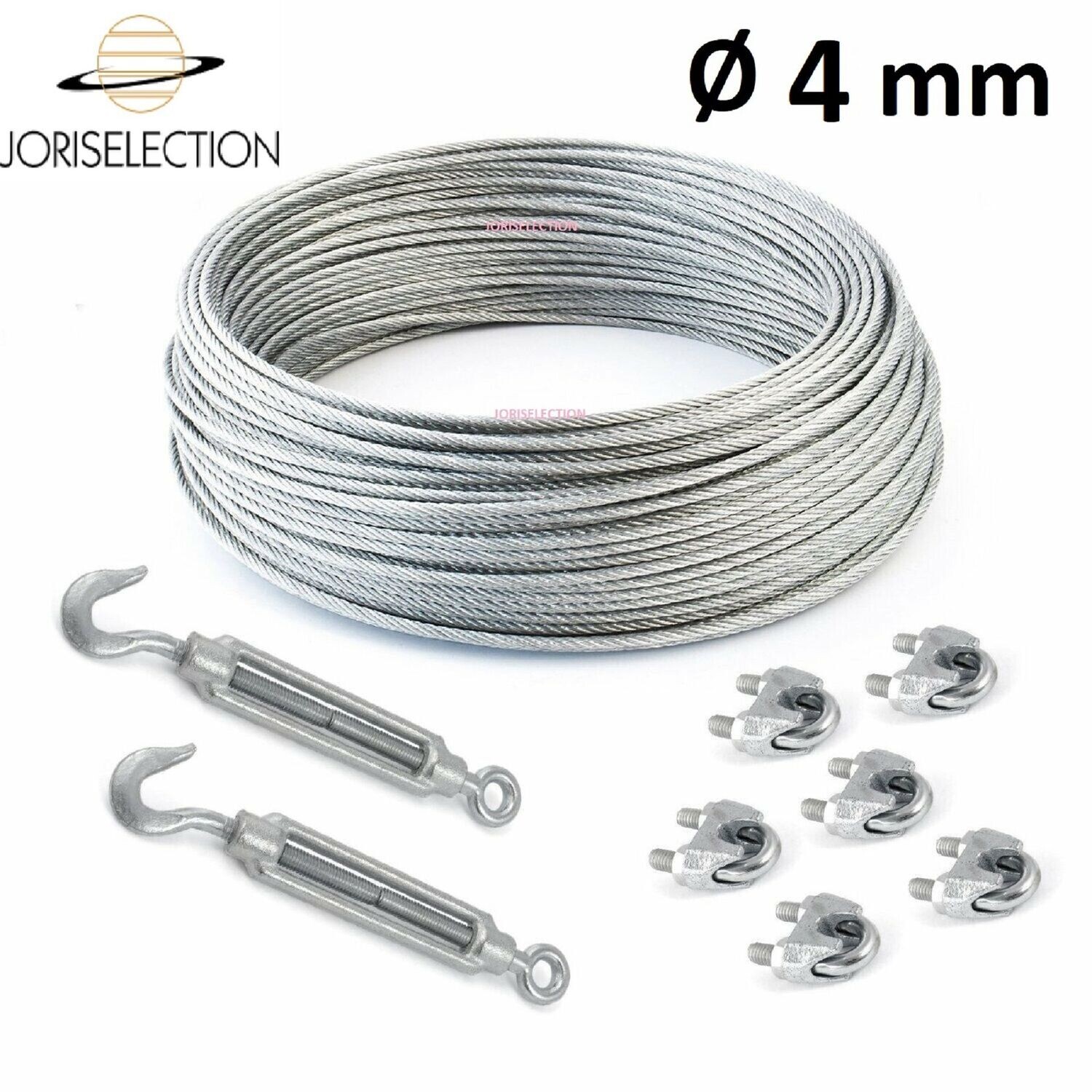 SET Câble acier galvanisé 6x7 Ø  4 mm + 6 serre-câbles étrie et 2 tendeurs a cage crochet-oeil