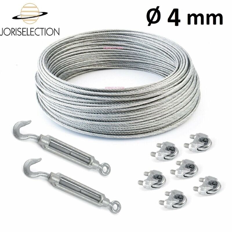 SET Câble acier galvanisé 6x7 Ø  4 mm + 6 serre-câbles étrie et 2 tendeurs a cage crochet-oeil