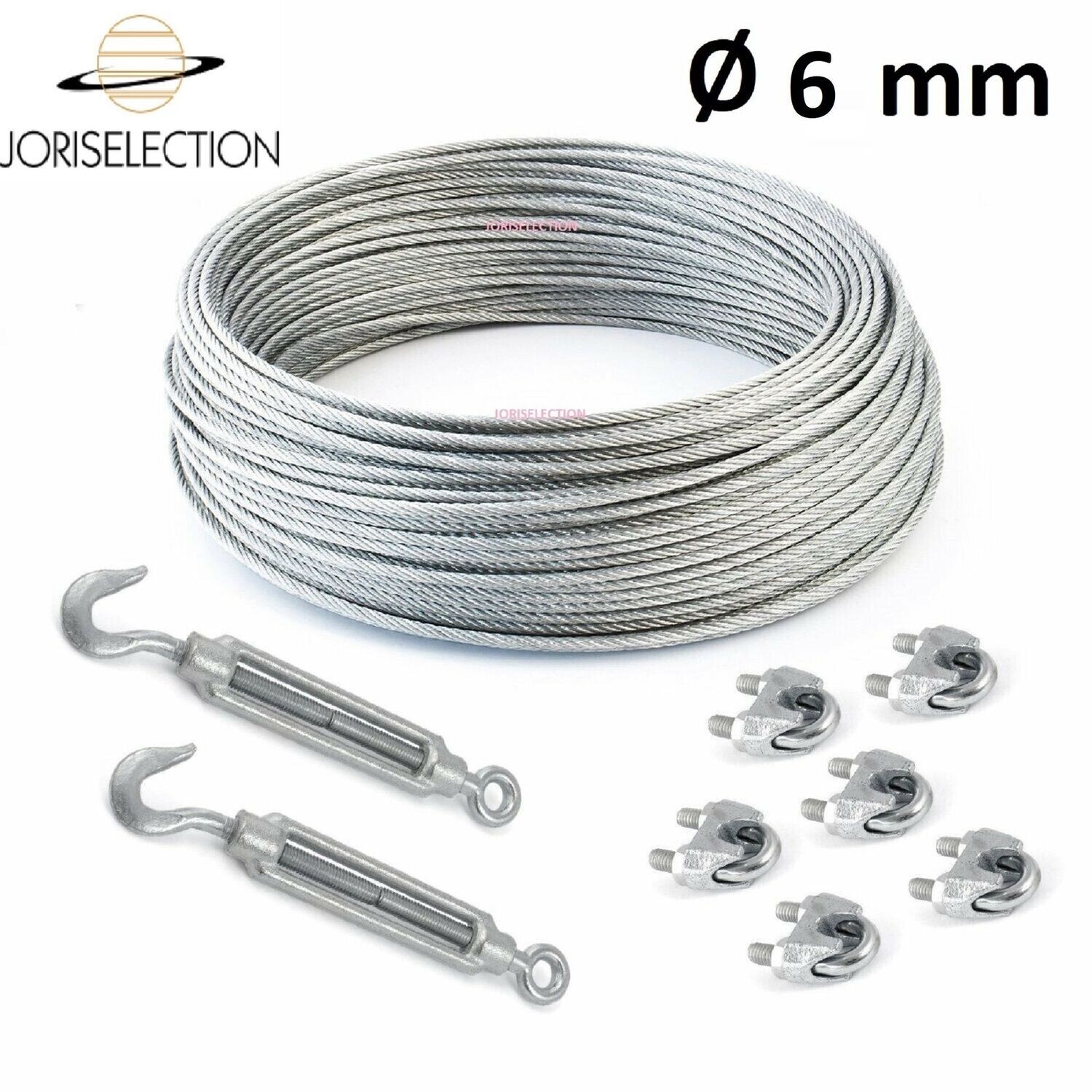 SET Câble acier galvanisé 6x7 Ø  6 mm + 6 serre-câbles étrie et 2 tendeurs a cage crochet-oeil