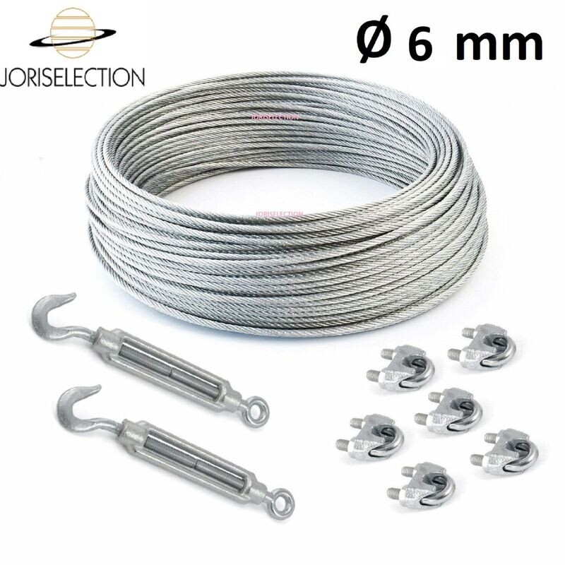 SET Câble acier galvanisé 6x7 Ø  6 mm + 6 serre-câbles étrie et 2 tendeurs a cage crochet-oeil