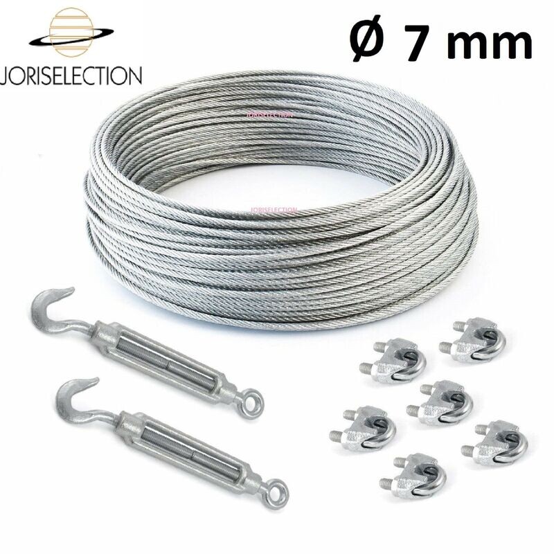SET Câble acier galvanisé 6x7   Ø 7 mm + 6 serre-câbles étrie et 2 tendeurs a cage crochet-oeil