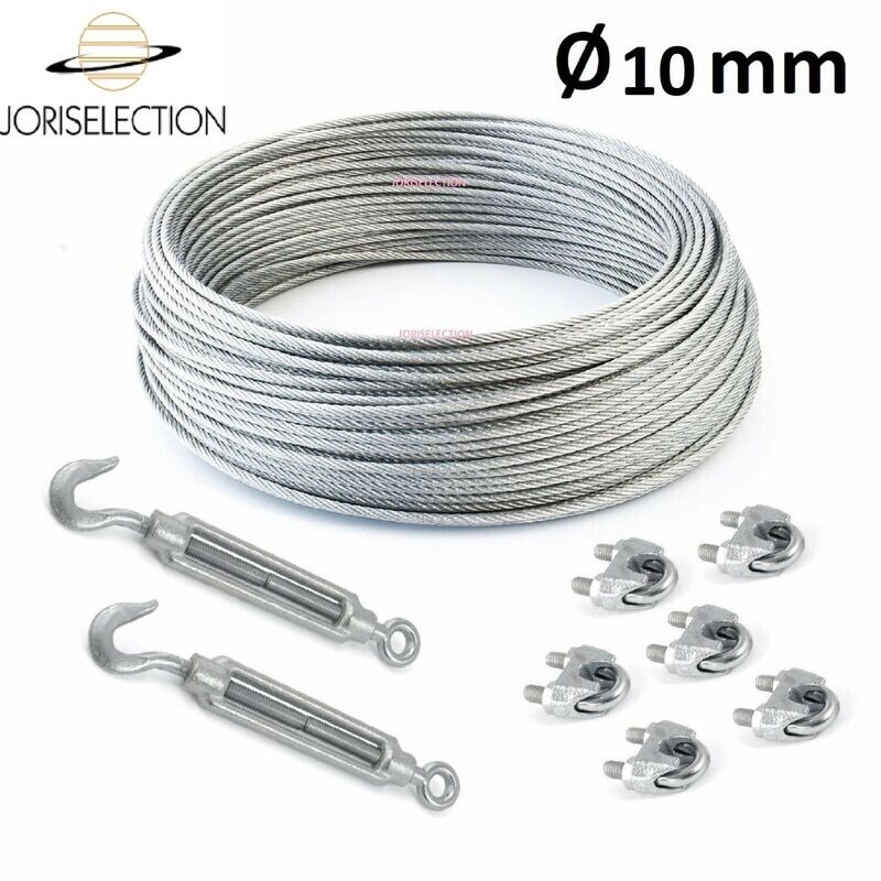 SET Câble acier galvanisé 6x7   Ø10  mm + 6 serre-câbles étrie et 2 tendeurs a cage crochet-oeil