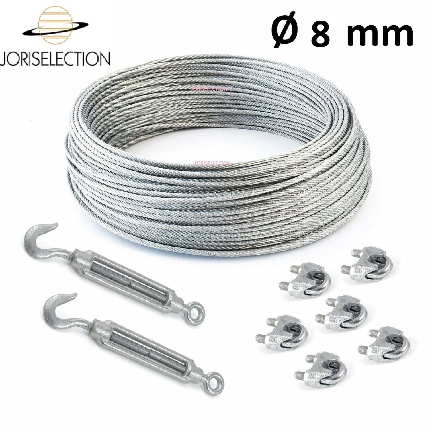 SET Câble acier galvanisé 6x7   Ø 8 mm + 6 serre-câbles étrie et 2 tendeurs a cage crochet-oeil