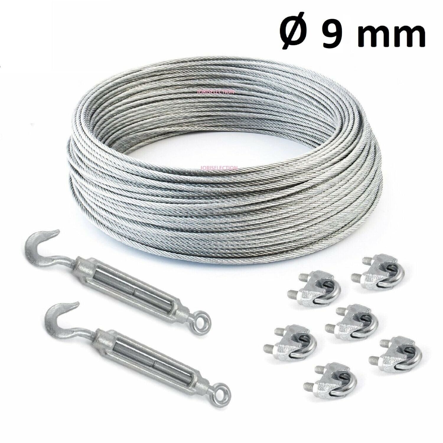 SET Câble acier galvanisé 6x7   Ø 9 mm + 6 serre-câbles étrie et 2 tendeurs a cage crochet-oeil