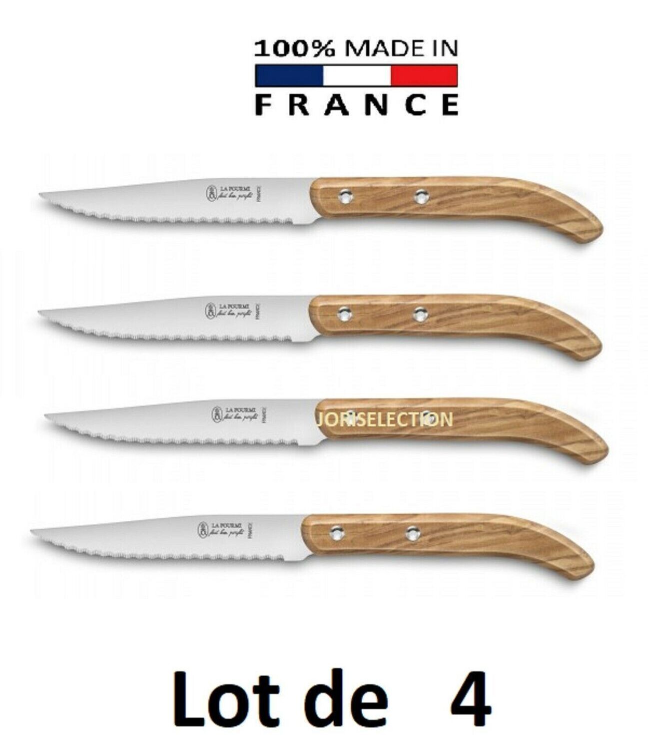 Couteaux steak CAMPAGNE  LAME INOX MANCHE BOIS OLIVIER -LA FOURMI   LOT DE 4