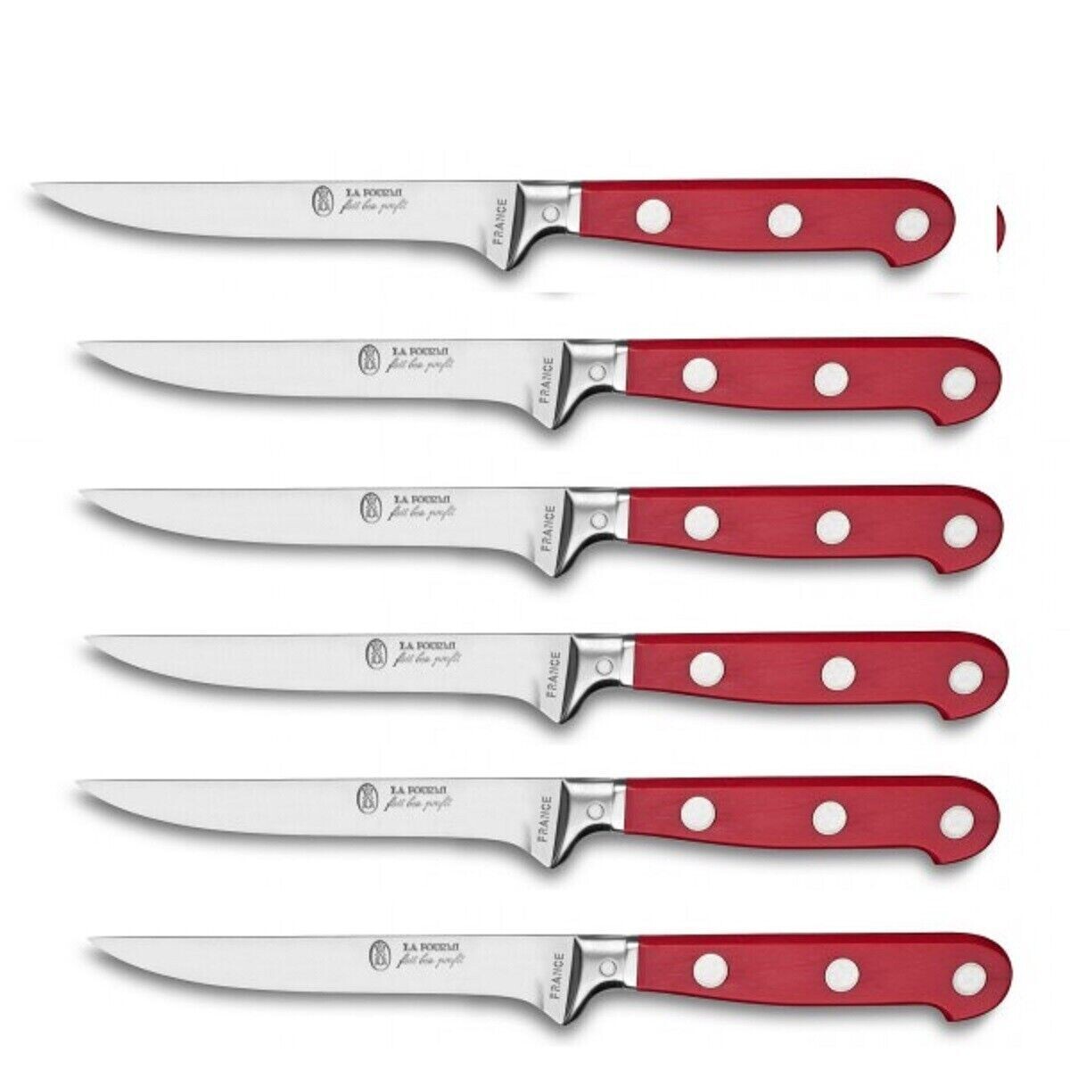 LA FOURMI - 6 COUTEAUX A STEAK LAME  LISSE LUXE INOX 3 RIVETS - THIERS FRANCE ROUGE