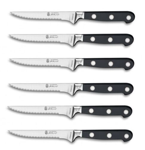 LA FOURMI - 6 COUTEAUX A STEAK LAME  Micro denté   LUXE INOX 3 RIVETS - FRANCE REF 2985  MANCHE NOIR
