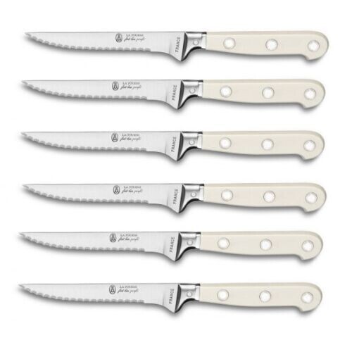 LA FOURMI - 6 COUTEAUX A STEAK LAME  Micro denté  LUXE INOX 3 RIVETS - FRANCE REF 2985  MANCHE BLANC IVOIRE
