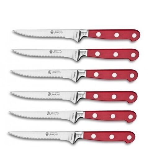 LA FOURMI - 6 COUTEAUX A STEAK LAME  Micro dentée LUXE INOX 3 RIVETS - THIERS FRANCE ROUGE