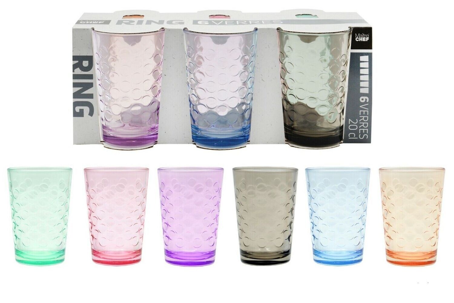 Lot de 6 verres à eau 208 cc  VERRE SPACE  COULEUR
