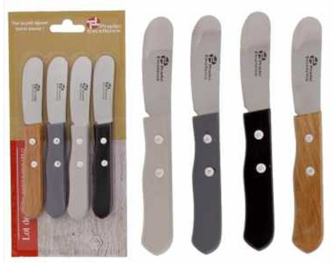 COUTEAU A  BEURRE PRADEL LOT DE  4   MANCHE  BOIS COULEUR ASSORTIES   BLISTER REF 1002
