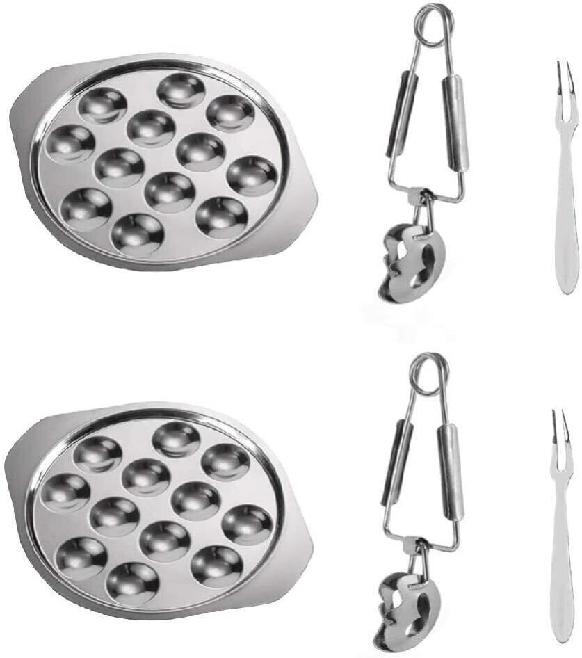 Assiette à escargots en Inox 12 trous +2 Pinces + 2 Fourchettes - LOT DE 2 SERVICE A ESCARGOT
