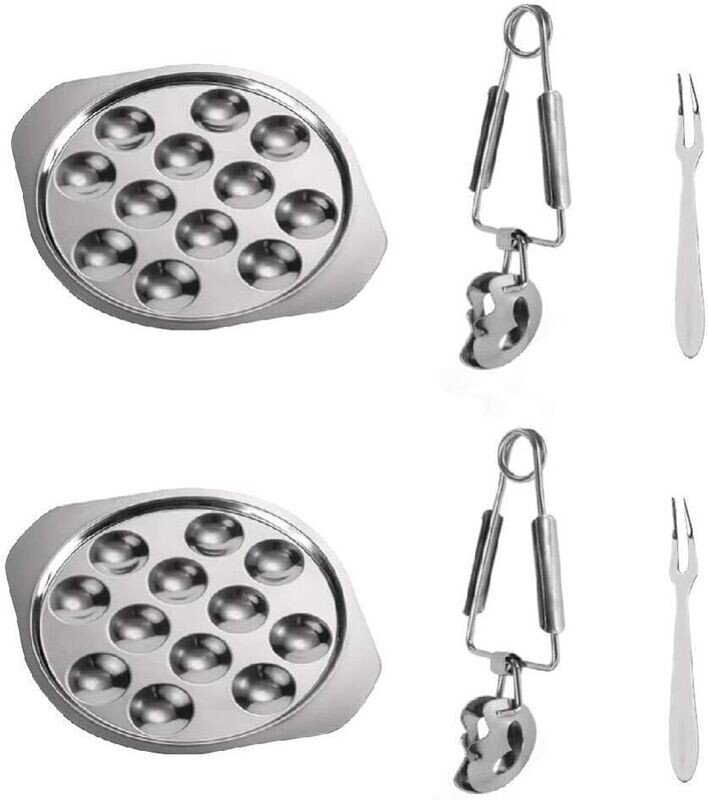Assiette à escargots en Inox 12 trous +2 Pinces + 2 Fourchettes - LOT DE 2 SERVICE A ESCARGOT