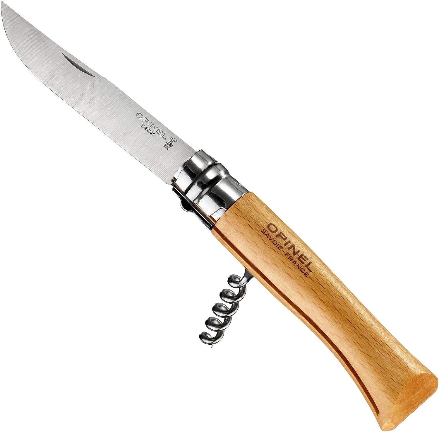 OPINEL - N°10 Tire-Bouchon - OPINEL Tire-Bouchon - Couteau Pliant OPINEL Bois - Couteau de Poche OPINEL Acier - Lame Inox 10 cm et Manche en Bois de Hêtre
