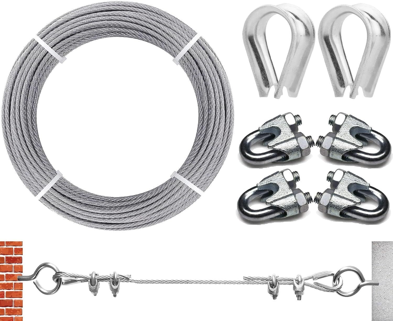 Câble acier galvanisé corde en Acier Suspendre Kit 6x7 3mm Câble métallique 2 cosses de câble métallique+4 serre-câbles