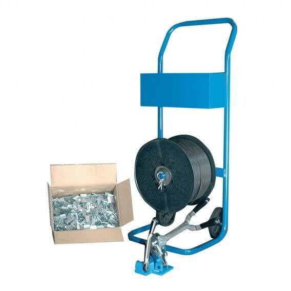 Kit de cerclage complet - 1 dévidoir - 1 Tendeur / 1 Feuillard plastique 16 mm x 0.5 mm x 1400 m / 2000 Chapes
