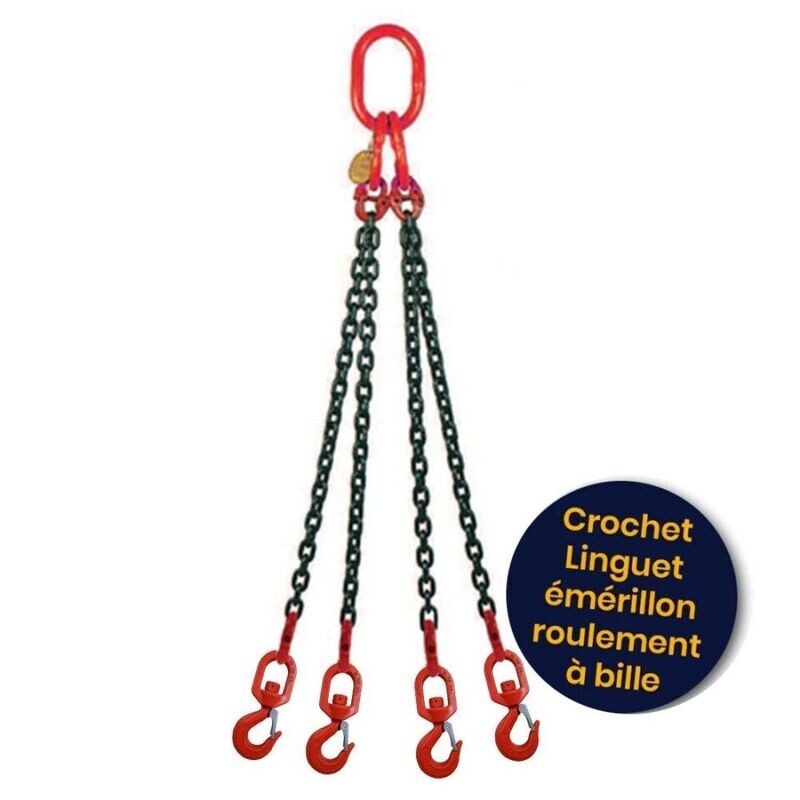 ÉLINGUE CHAINE 4 BRINS CROCHET LINGUET ÉMÉRILLON À ROULEMENT À BILLE
