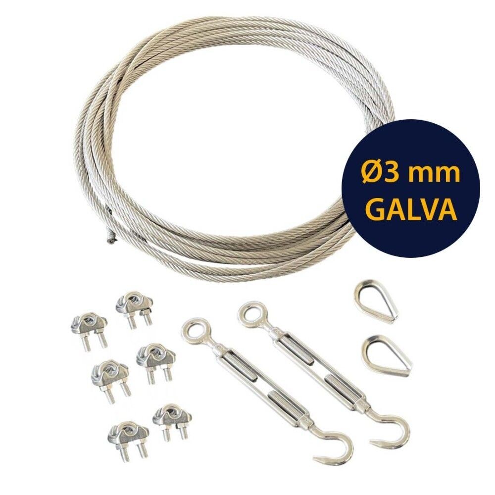 Kit   CÂBLE GALVA DIAMÈTRE 3 MM + accessoires + 2 cosse coeur + 2 tendeurs+ 6 serre cables  - cable pour terrasse