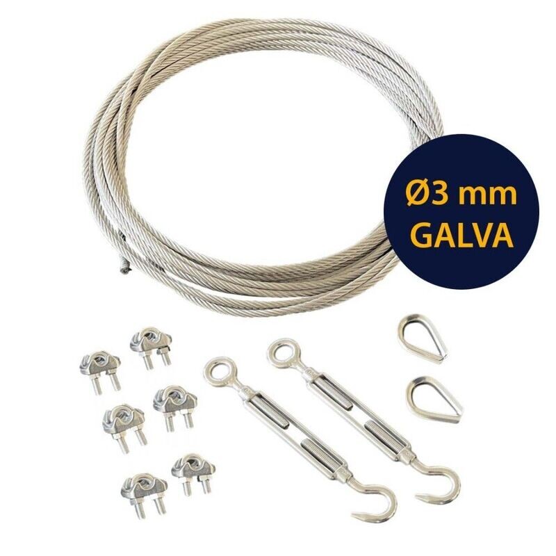 Kit   CÂBLE GALVA DIAMÈTRE 3 MM + accessoires + 2 cosse coeur + 2 tendeurs+ 6 serre cables  - cable pour terrasse