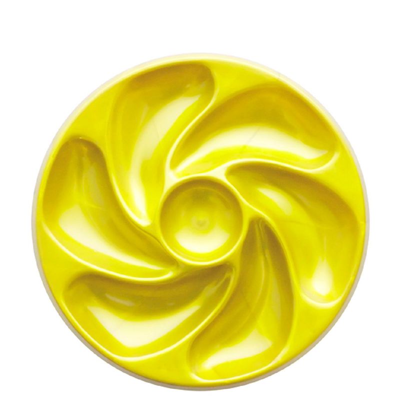 Assiettes A Huitres JAUNE 6 Compartiments +1 Pour Le Citron, Sauce. Fabrication Française Diamètre 20 Cm