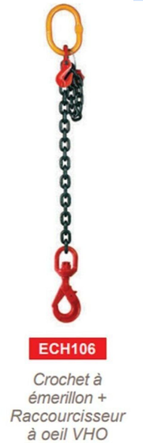 Elingue chaîne de levage de Ø 6 à Ø 32 mm + crochet EMERILLION automatique + raccourcisseur  ref A106