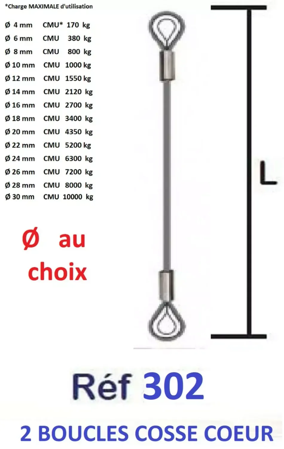 Elingue câble en acier galvanisé de Ø 4 à Ø 30 mm + boucle avec cosse coeur  DIMENSIONS AU CHOIX
