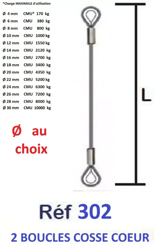 Elingue câble en acier galvanisé de Ø 4 à Ø 30 mm + boucle avec cosse coeur  DIMENSIONS AU CHOIX
