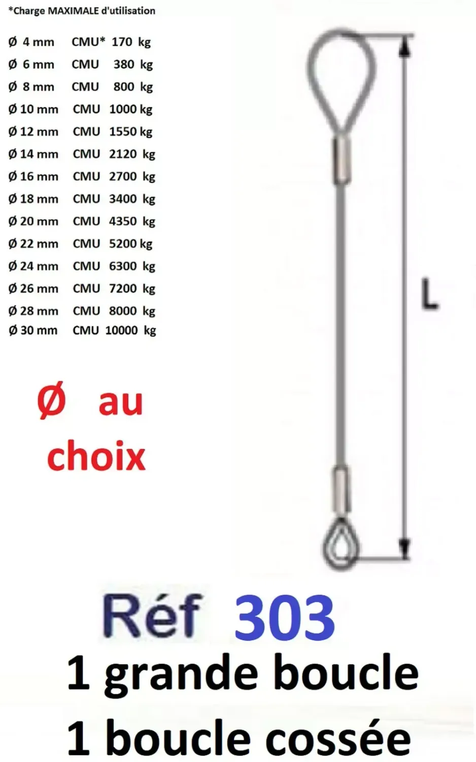 Elingue câble en acier galvanisé de Ø 4 à Ø 30 mm +2 Boucles dont 1 cossée  DIMENSIONS AU CHOIX