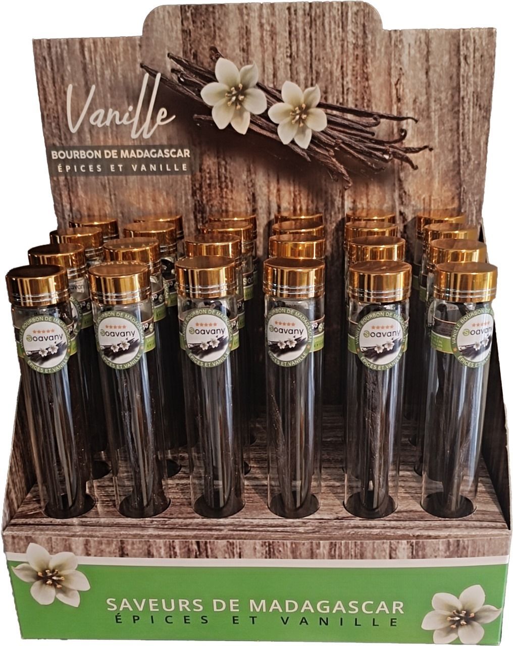 Présentoir de 24 tubes de Vanille en   gousses  ( 3 GOUSSES XXL  de 18 a 21 cm ) PRIX au tube