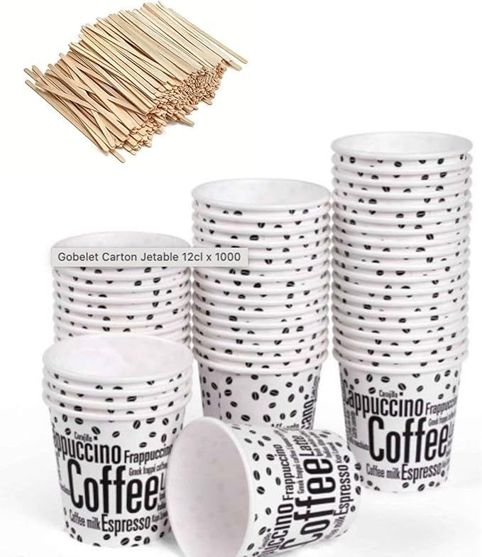 100 gobelets à café jetables 120 ml gobelets jetables avec agitateurs en bois. Pour boissons chaudes ou froides.