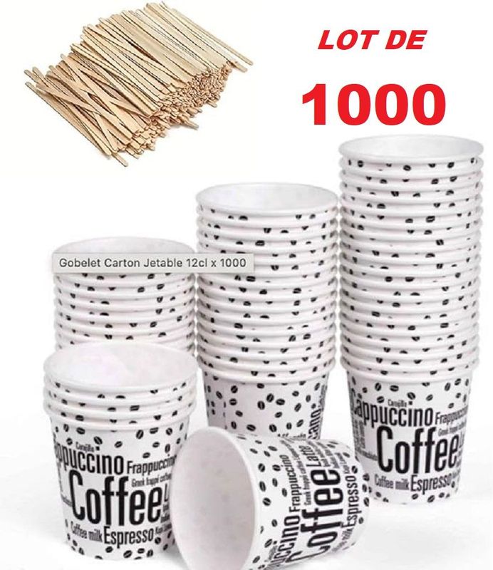 1000  gobelets à café jetables 120 ml gobelets jetables avec agitateurs en bois. Pour boissons chaudes ou froides.