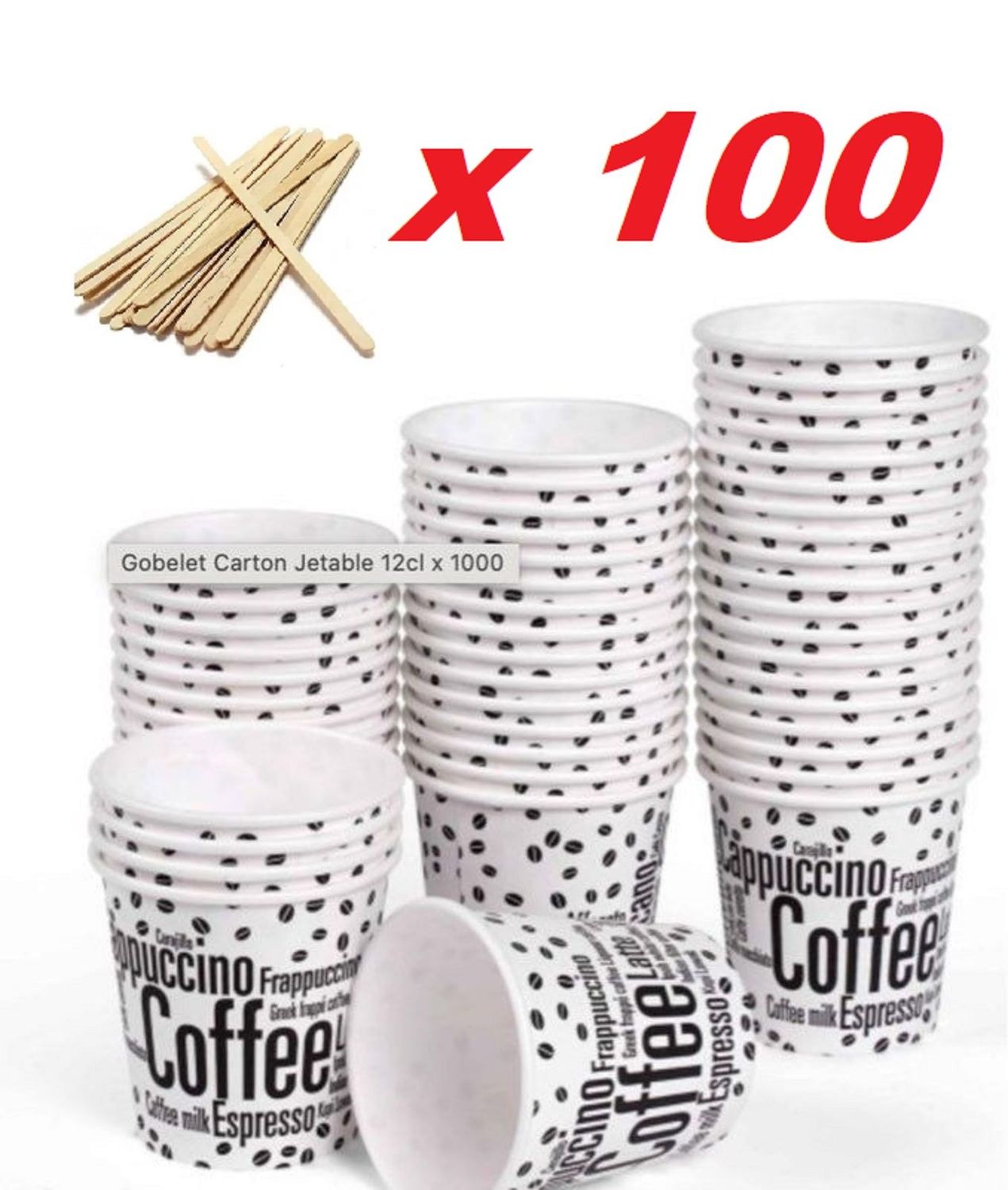 100 gobelets à café jetables 120 ml gobelets jetables avec agitateurs en bois. Pour boissons chaudes ou froides.