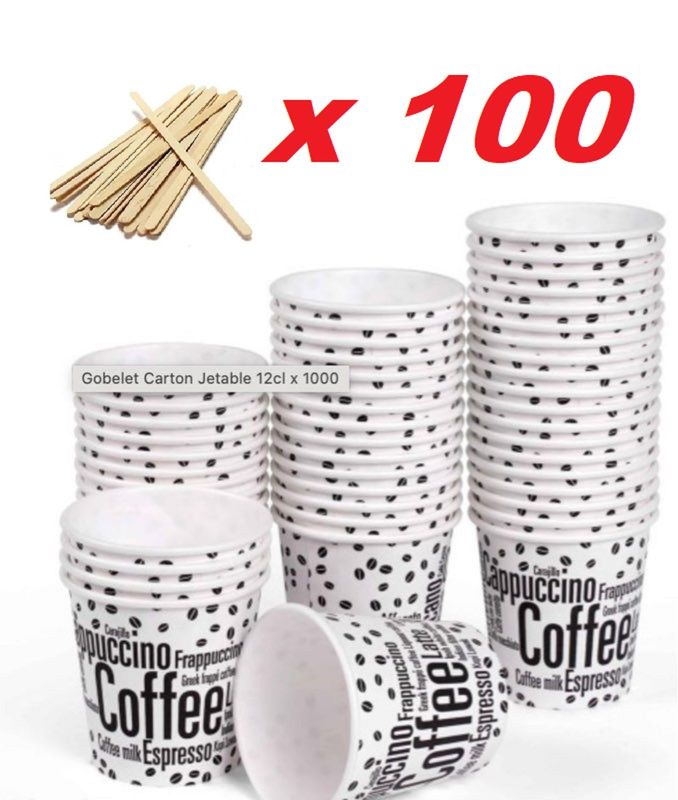 100 gobelets à café jetables 120 ml gobelets jetables avec agitateurs en bois. Pour boissons chaudes ou froides.