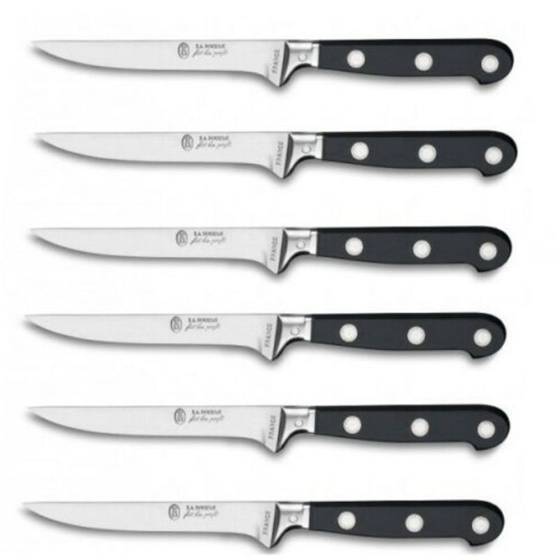 LA FOURMI - 6 COUTEAUX A STEAK LAME  LISSE  LUXE INOX 3 RIVETS - FRANCE REF 2985  MANCHE NOIR