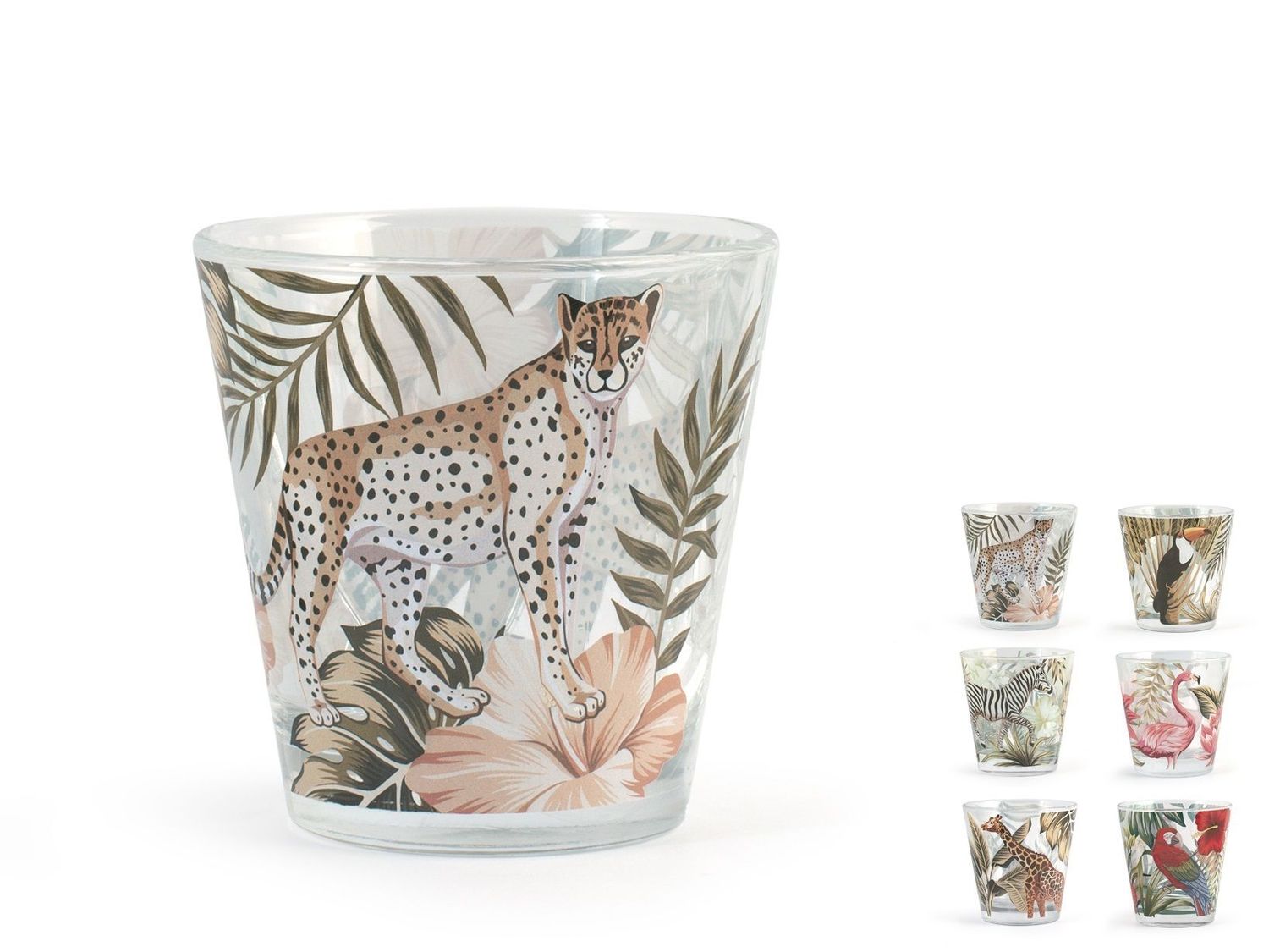 Lot de 6 Verres à Eau Décor Savane Animaux, 25 cl, Verre avec Motifs Tropicaux,