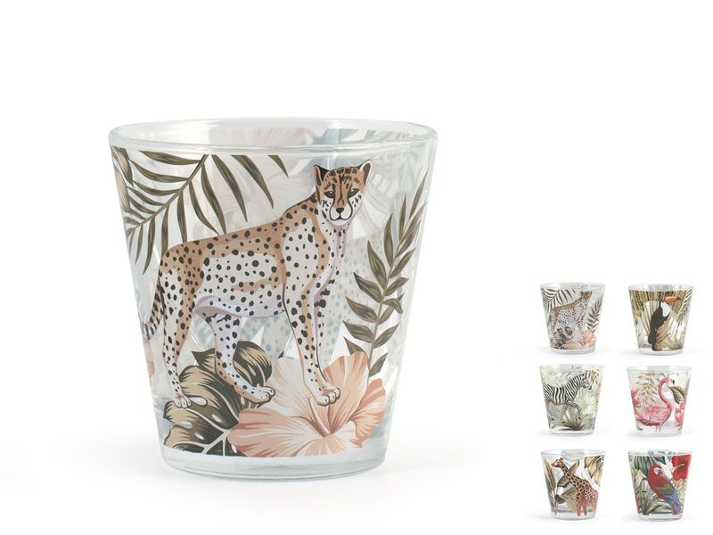 Lot de 6 Verres à Eau Décor Savane Animaux, 25 cl, Verre avec Motifs Tropicaux,