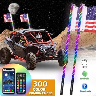 6 Ft LED Whip Lights 2 Pack with Flag Pole Bluetooth and Remote Control Spiral RGB Chase Light