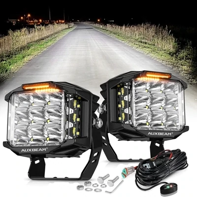 AuxBeam 5 Inch 168 Watt Combo Beam Side Shooter LED Pod with Amber DRL (5 Inch Square) - PAIR-