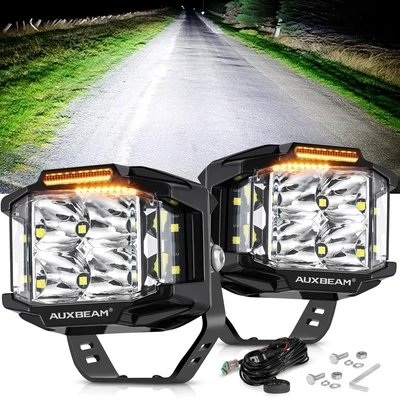 AuxBeam 4 Inch 92 Watt Combo Beam Side Shooter LED Pod with Amber DRL (4 Inch Square) - PAIR-