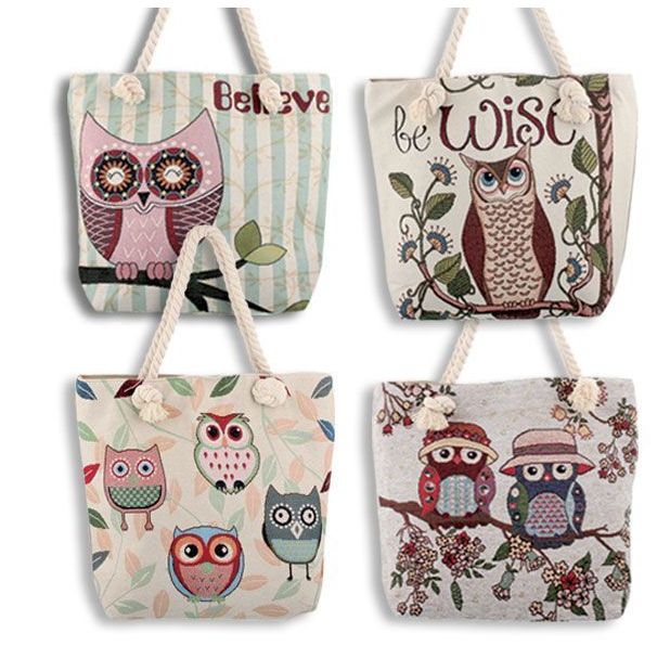 Owl Woven Cloth Tote Bag W/Rope Handles