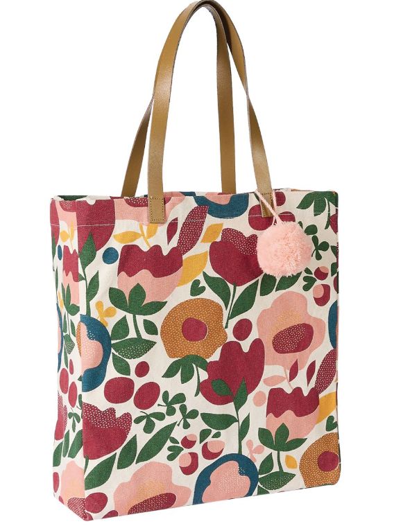Abstract Floral Canvas Tote w/Pom 14&quot;x15&quot;