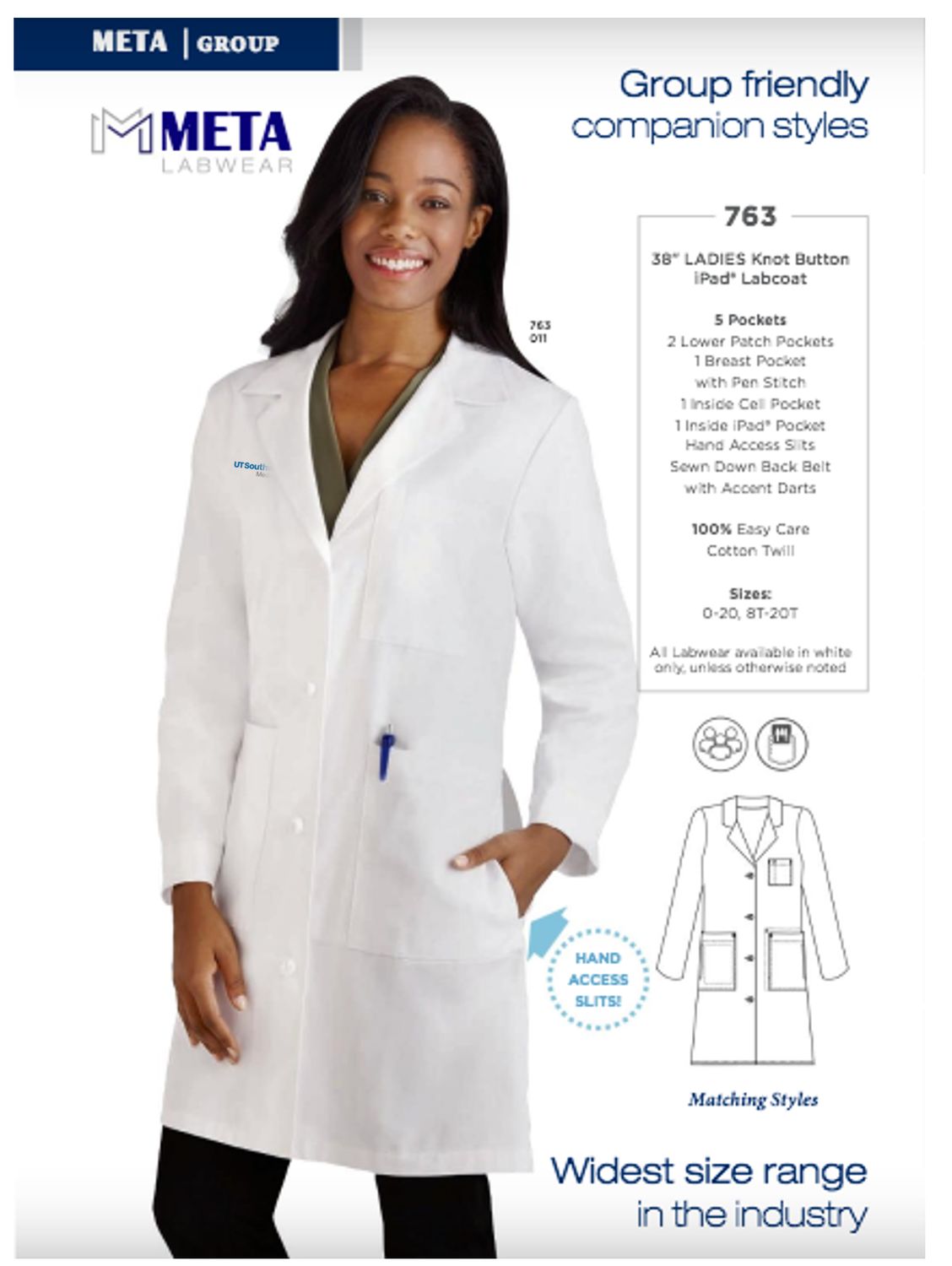 763 Meta Woman's Knot Button Lab Coat